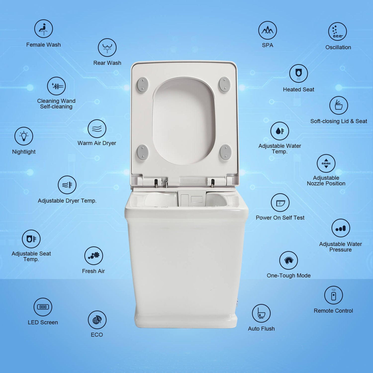 Square Smart Bidet Toilet with Remote Control, One Piece Tankless, Heated Seat, Warm Water and Dry