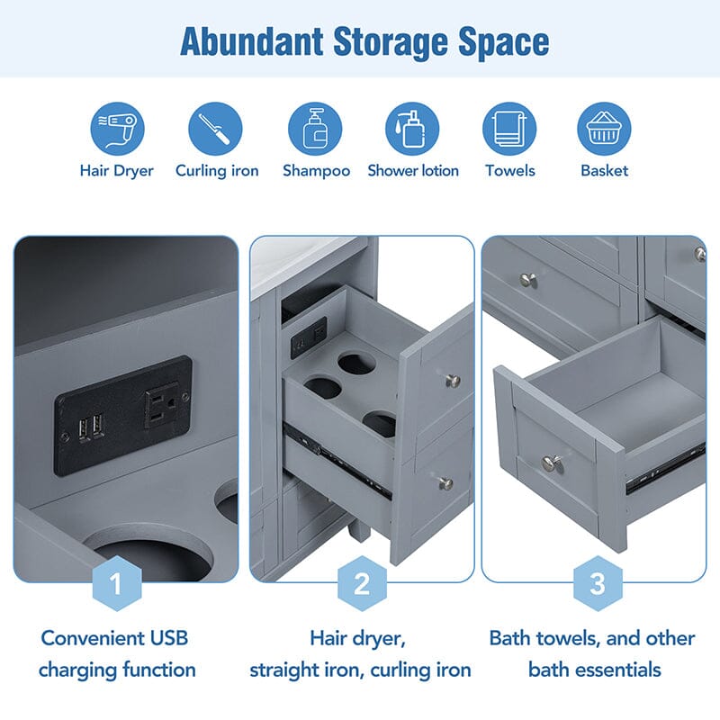 36-Inch Freestanding Drawer Bathroom Vanity with USB Charging and Single Sink