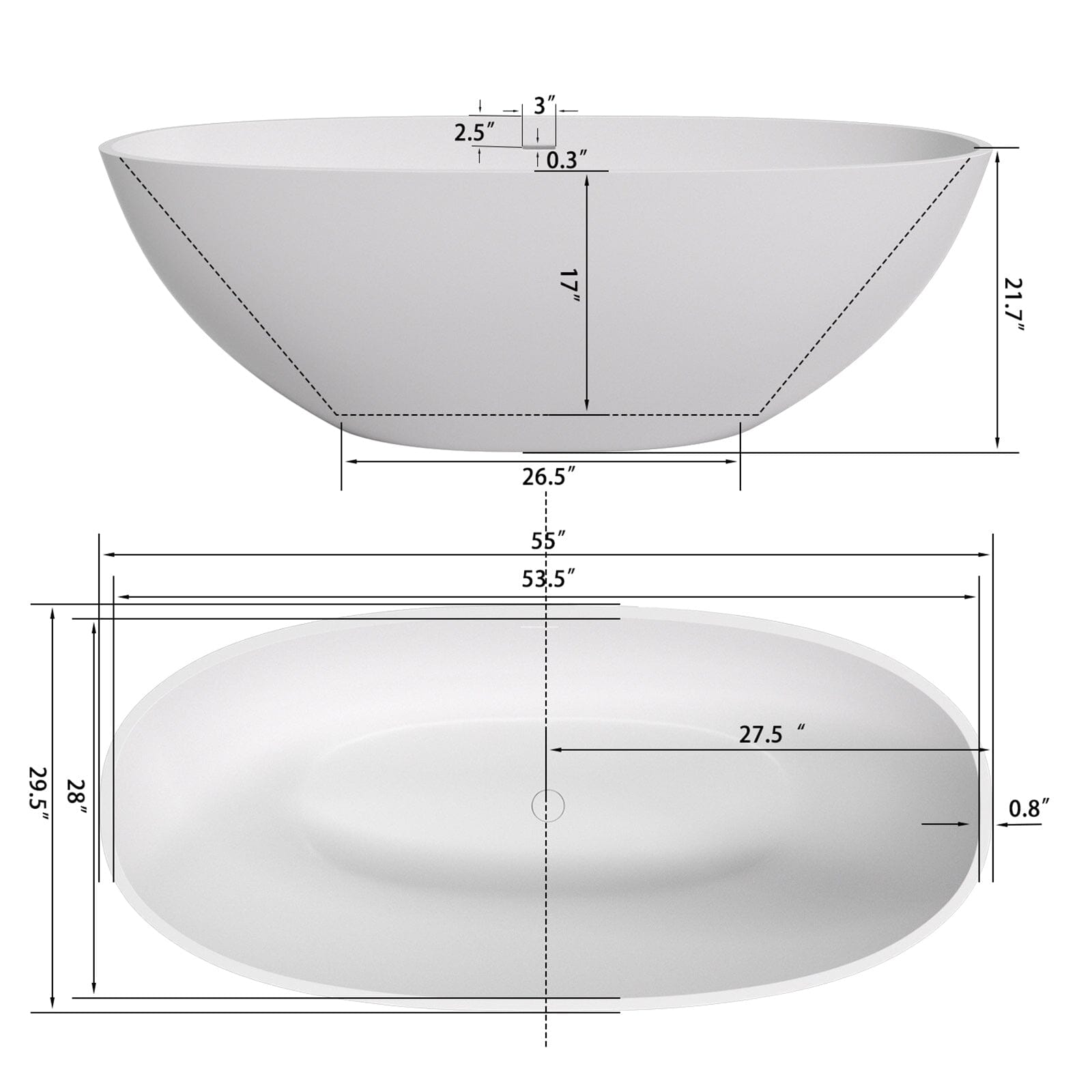 55&quot; Solid Surface Stone Resin Oval-shaped Freestanding Soaking Bathtub with Overflow