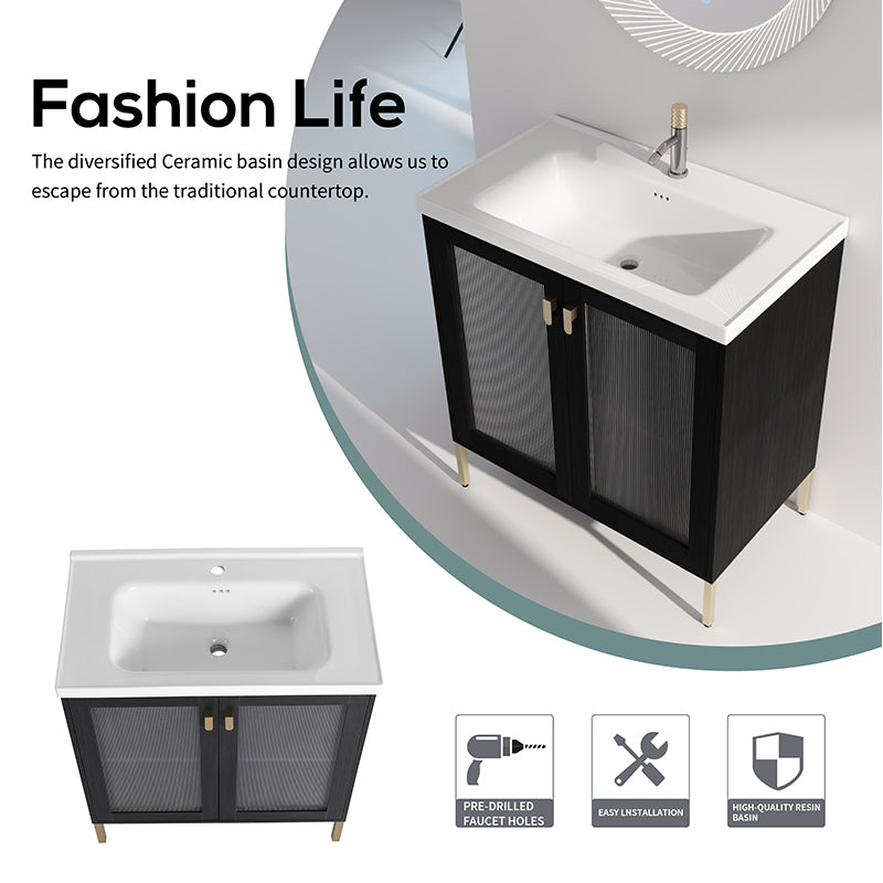 32 Inch Freestanding Bathroom Vanity with Ceramic Sink, Soft Closing Door