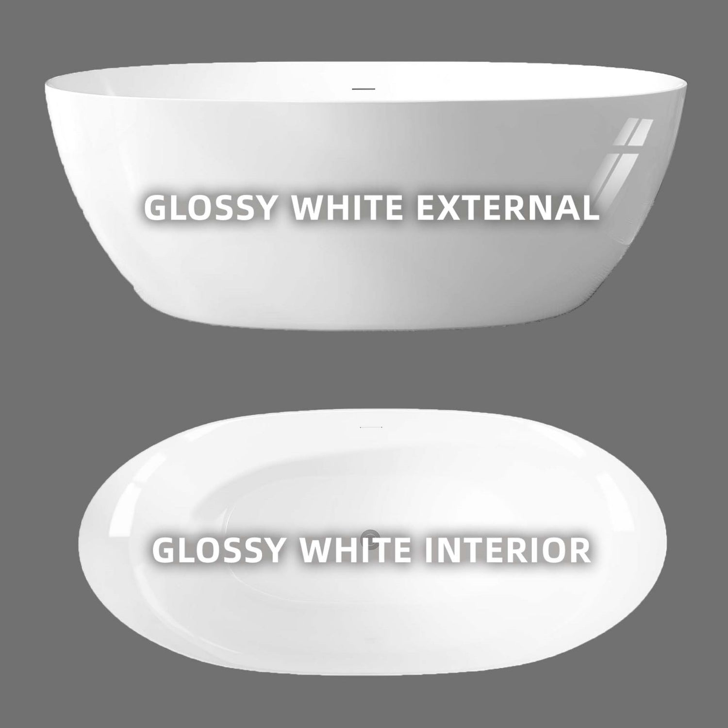 67-inch Glossy white oval acrylic freestanding bathtub interior and exterior color contrast