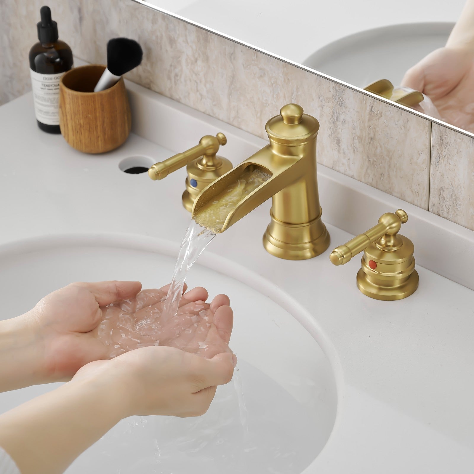 8&quot; Retro Half Hollow-out Waterfall Bathroom Faucet with Pop-Up Drain Double Handles Gold