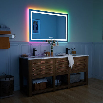 RGB LED Light Bathroom Vanity Mirror Rectangular Frameless Anti Fog