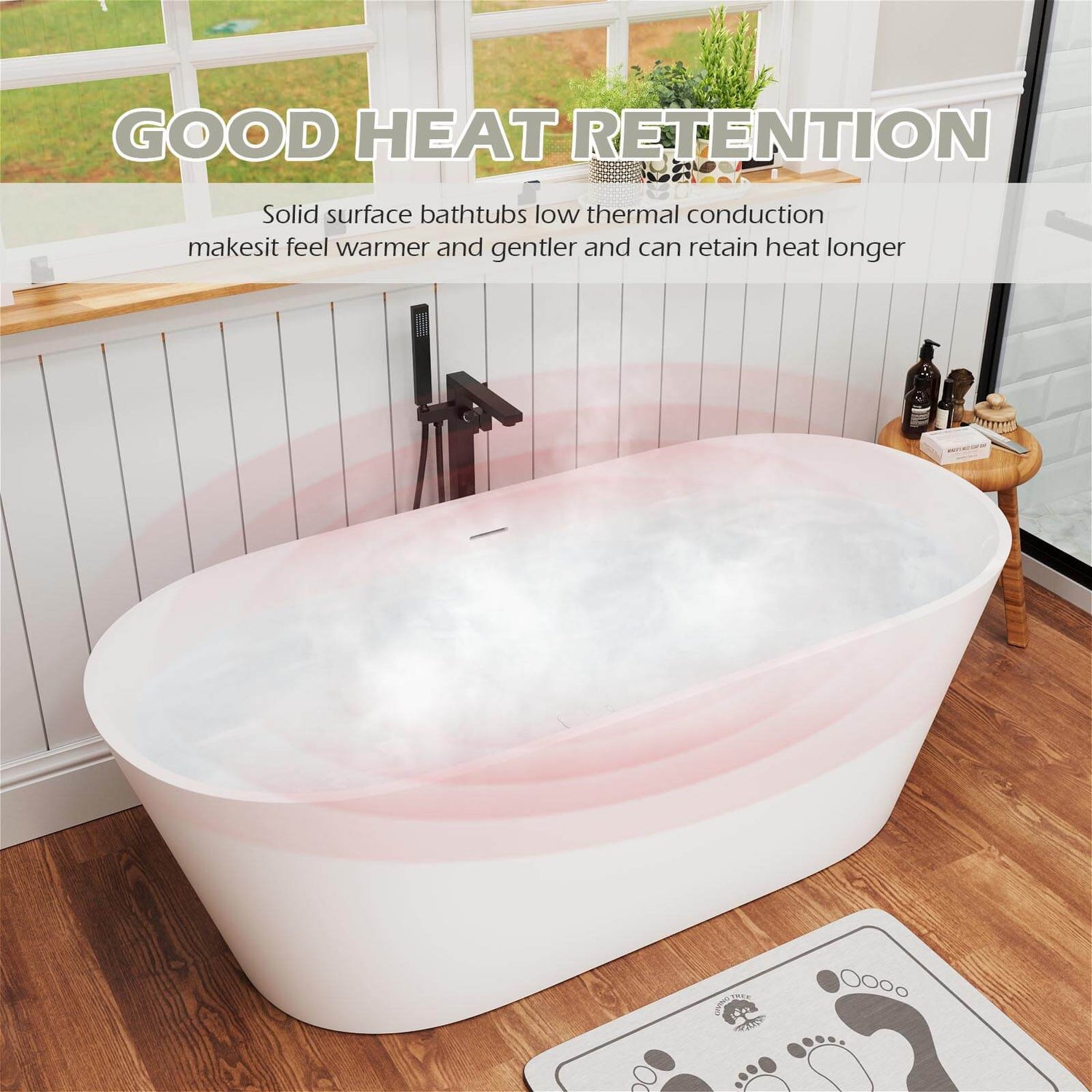 65&quot; Stone Resin Bathtub Oval-shaped Solid Surface Stand Alone Tub with Pop-up Drain