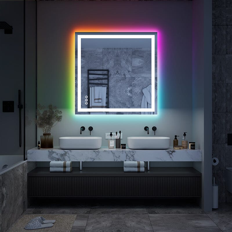 RGB LED Light Bathroom Vanity Mirror Rectangular Frameless Anti Fog