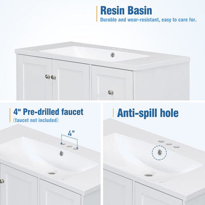 36-Inch Freestanding Drawer Bathroom Vanity with USB Charging and Single Sink