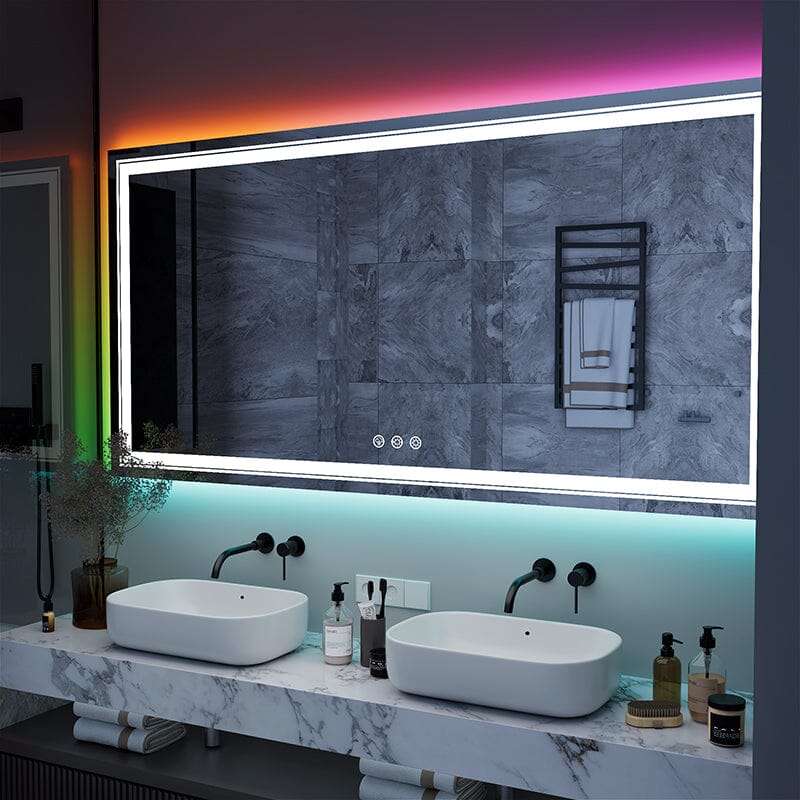 RGB LED Light Bathroom Vanity Mirror Large Rectangular Frameless Anti Fog