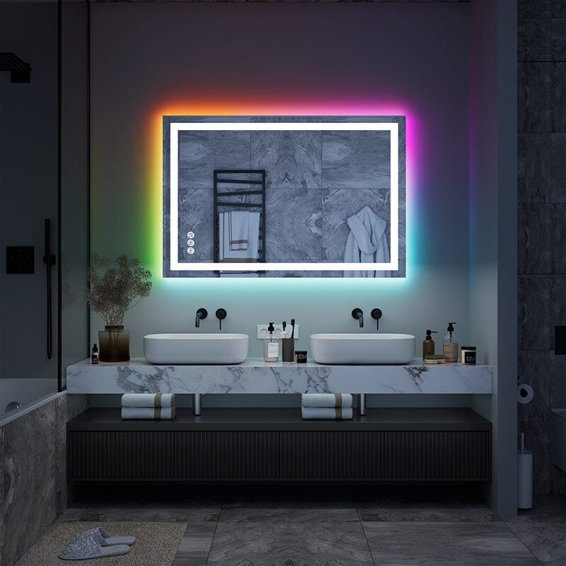 RGB LED Light Bathroom Vanity Mirror Rectangular Frameless Anti Fog