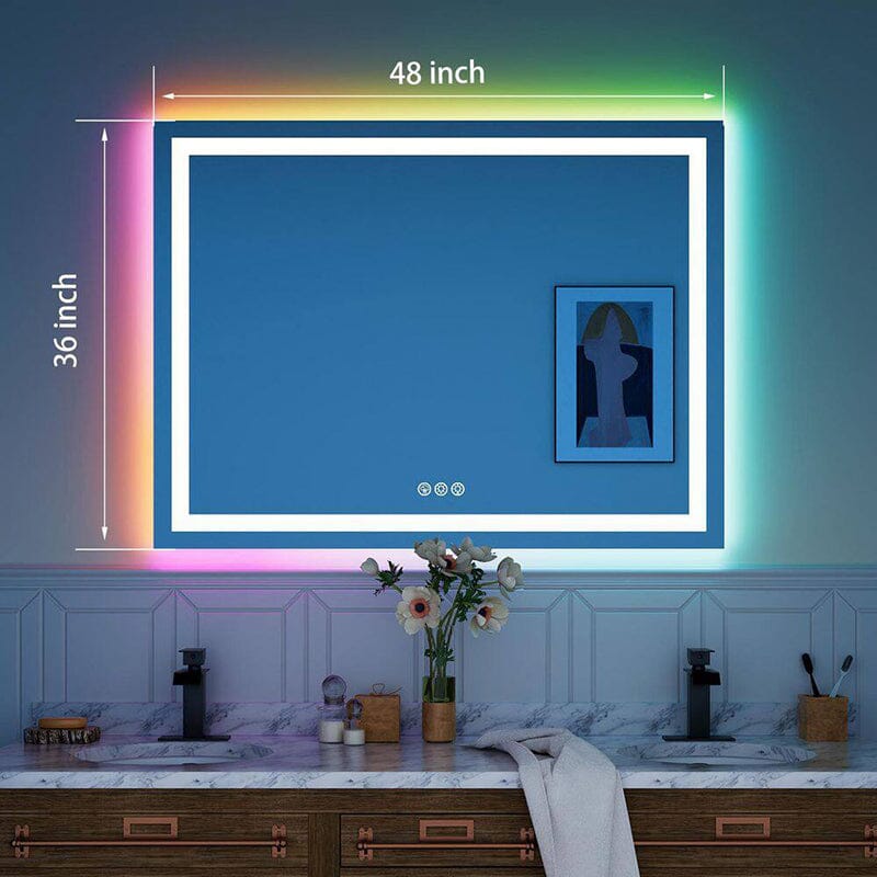 RGB LED Light Bathroom Vanity Mirror Rectangular Frameless Anti Fog