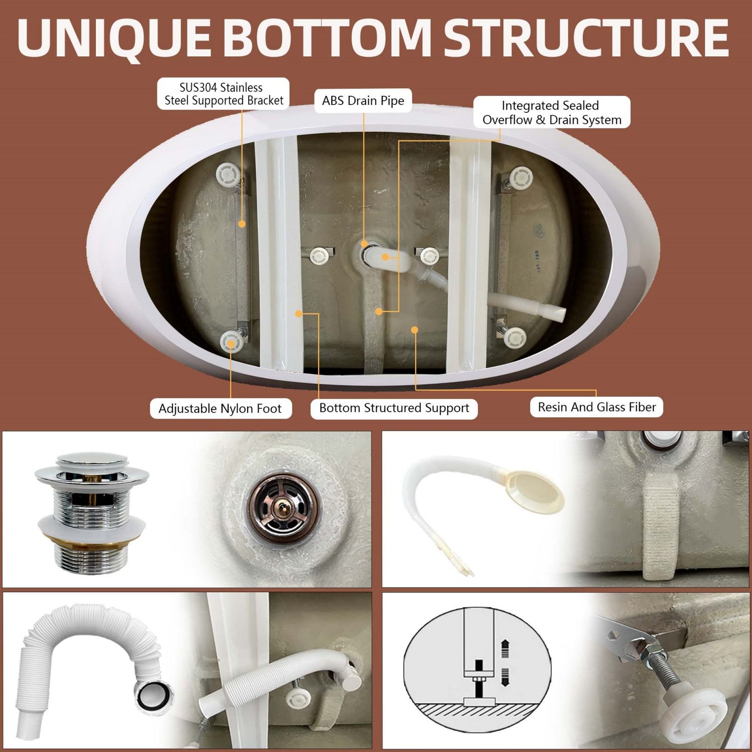 Bottom detail of the 66&quot; insulated double slipper freestanding tub