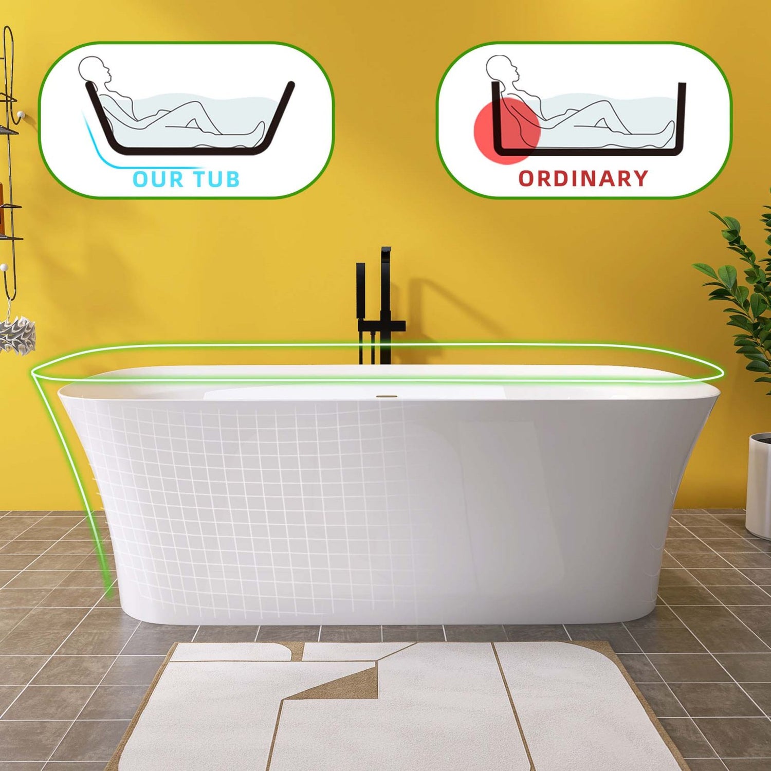 67&quot; beveled edge flat bottom acrylic bathtub back detail