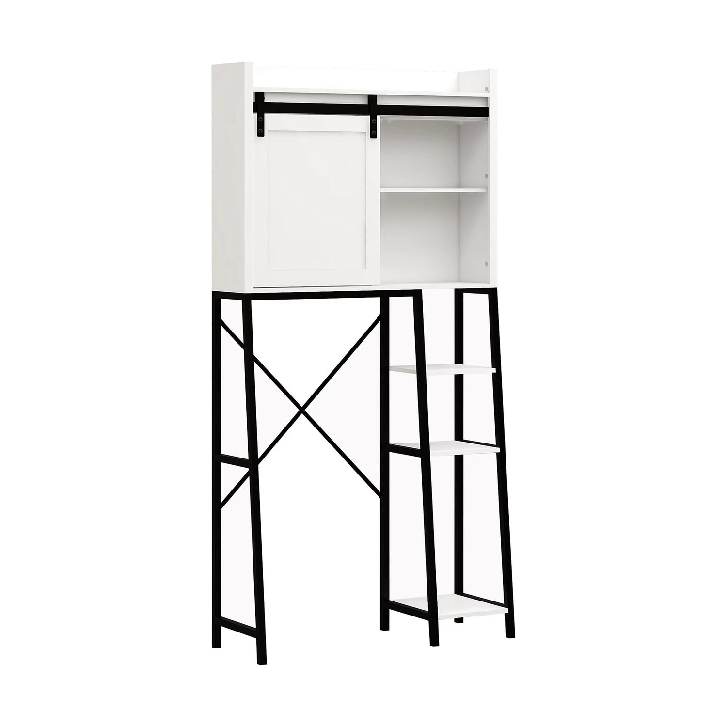 White Bathroom Over Toilet Storage with Sliding Barn Door, Adjustable Shelves, Side Rack