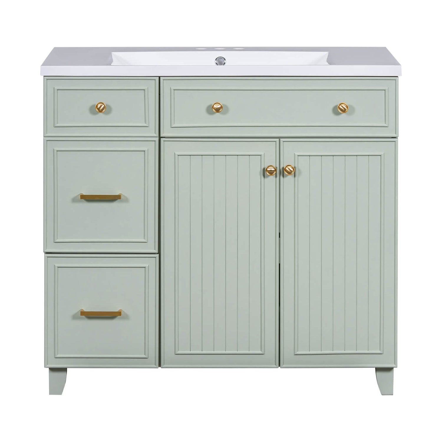 Adjustable shelves inside light grey-green bathroom vanity