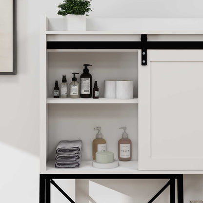 White Bathroom Over Toilet Storage with Sliding Barn Door, Adjustable Shelves, Side Rack