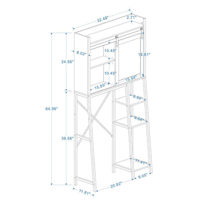 White Bathroom Over Toilet Storage with Sliding Barn Door, Adjustable Shelves, Side Rack