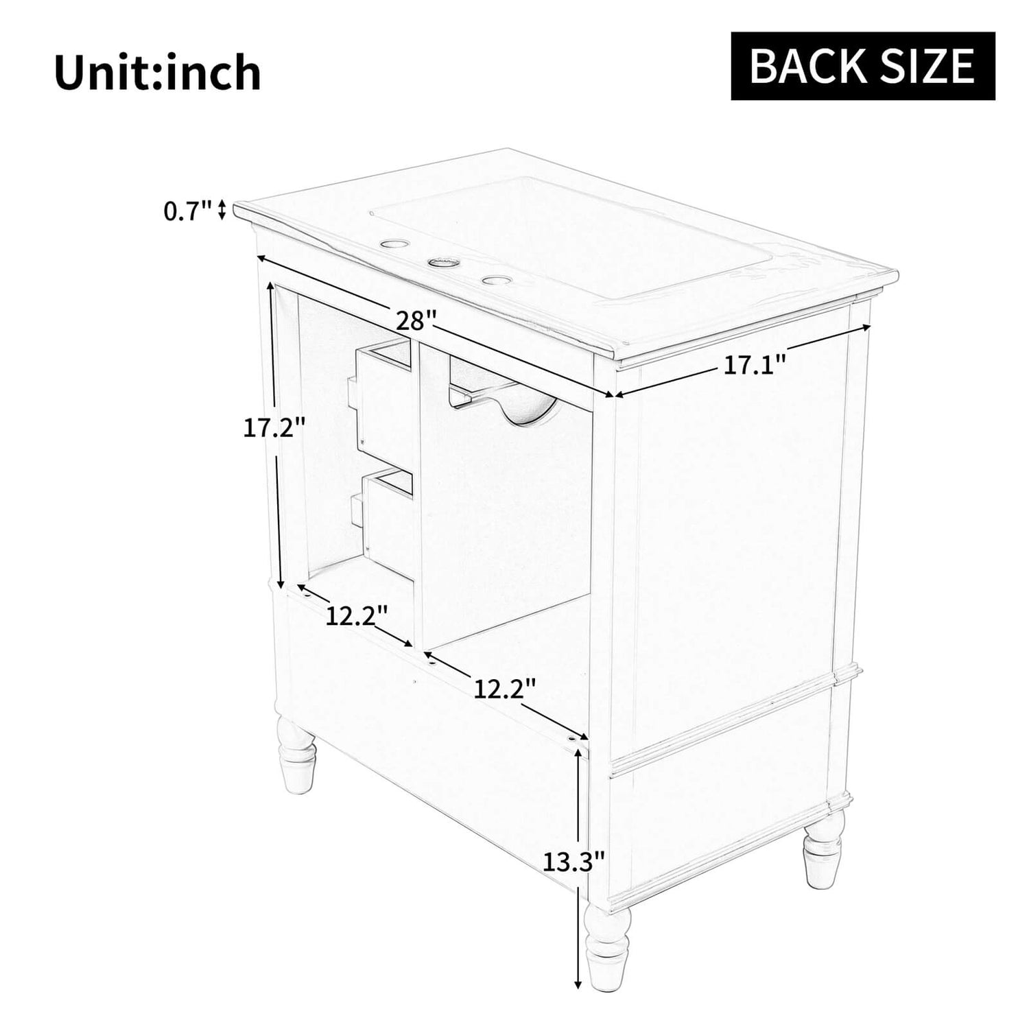 Back dimensions of 30 in light grey blue acacia dresser with bottom drawer