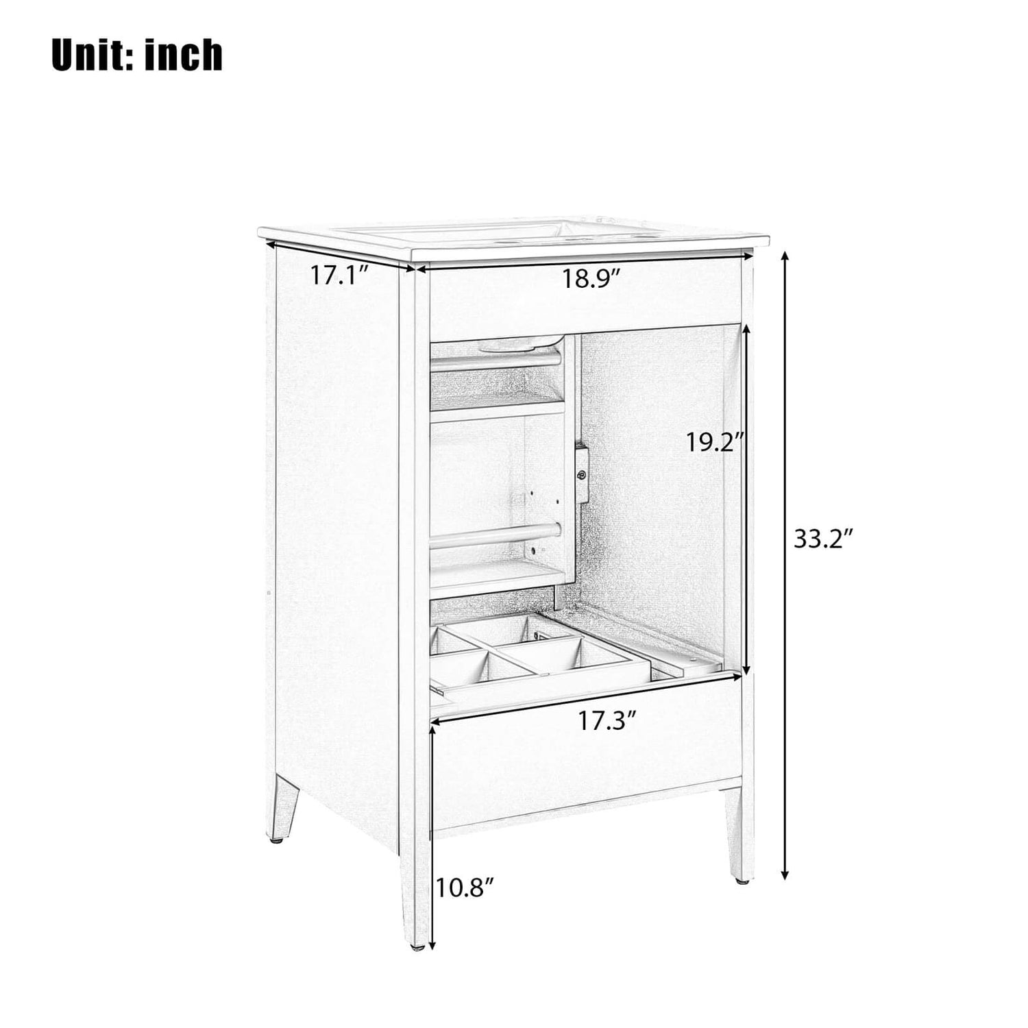 Back dimensions of white minimalist bathroom vanity with storage 20 inch