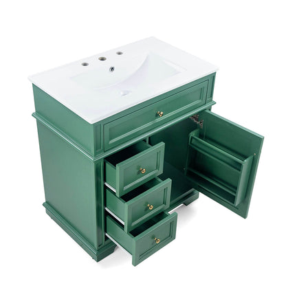 Bathroom storage solution with flip out tray in deep green finish