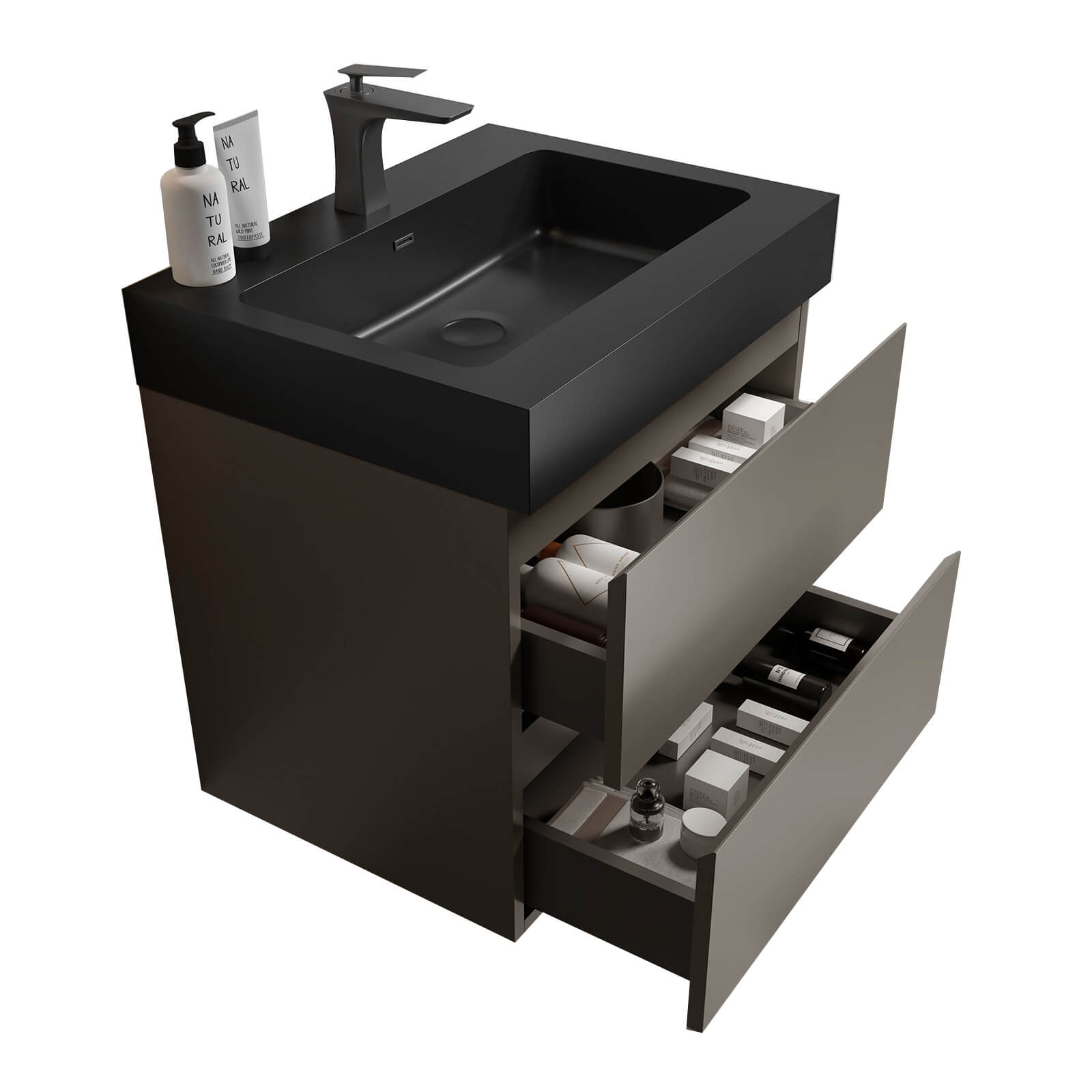 Bathroom vanity with gray cabinet and bold black sink for modern decor