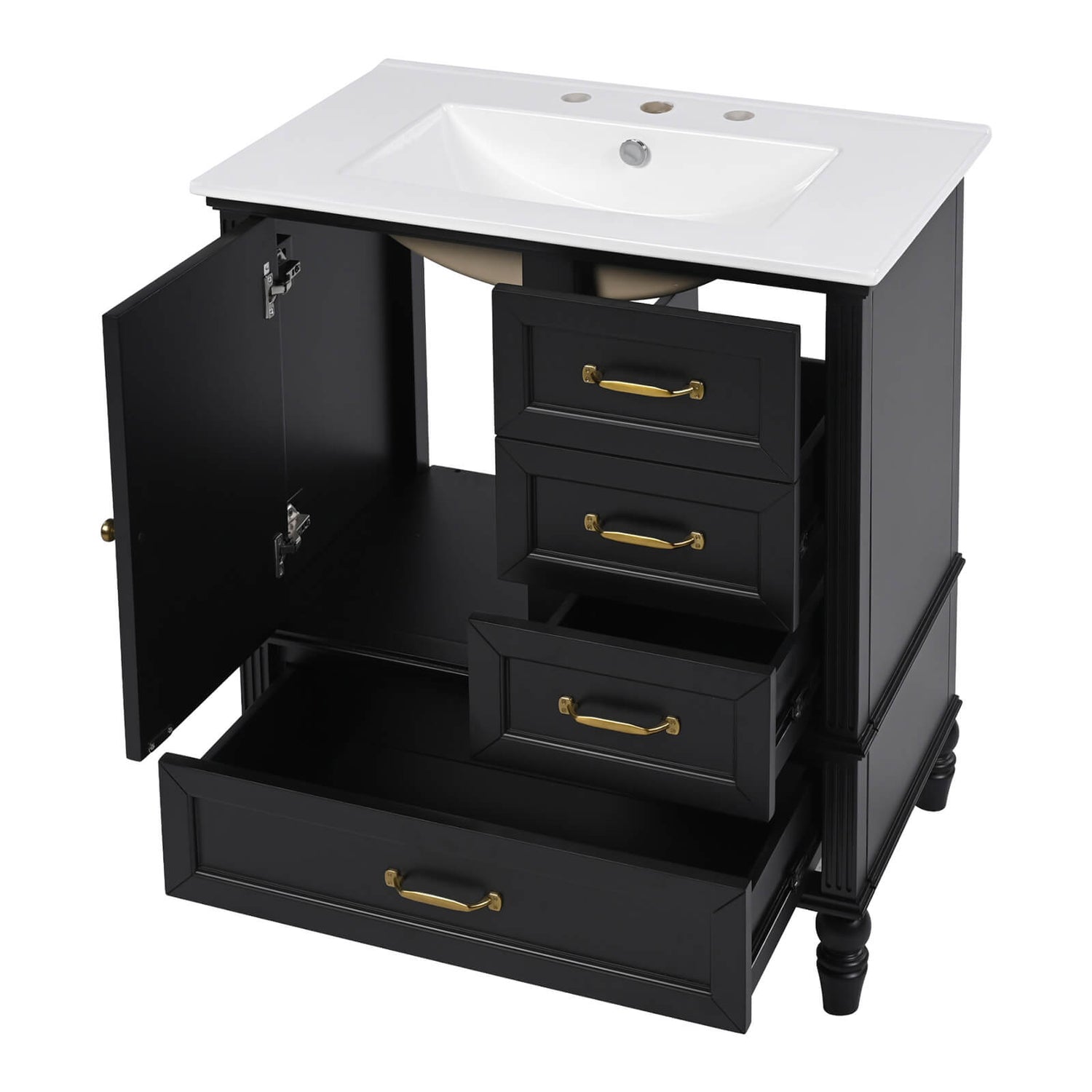 Black acacia vanity with three drawers for flexible storage