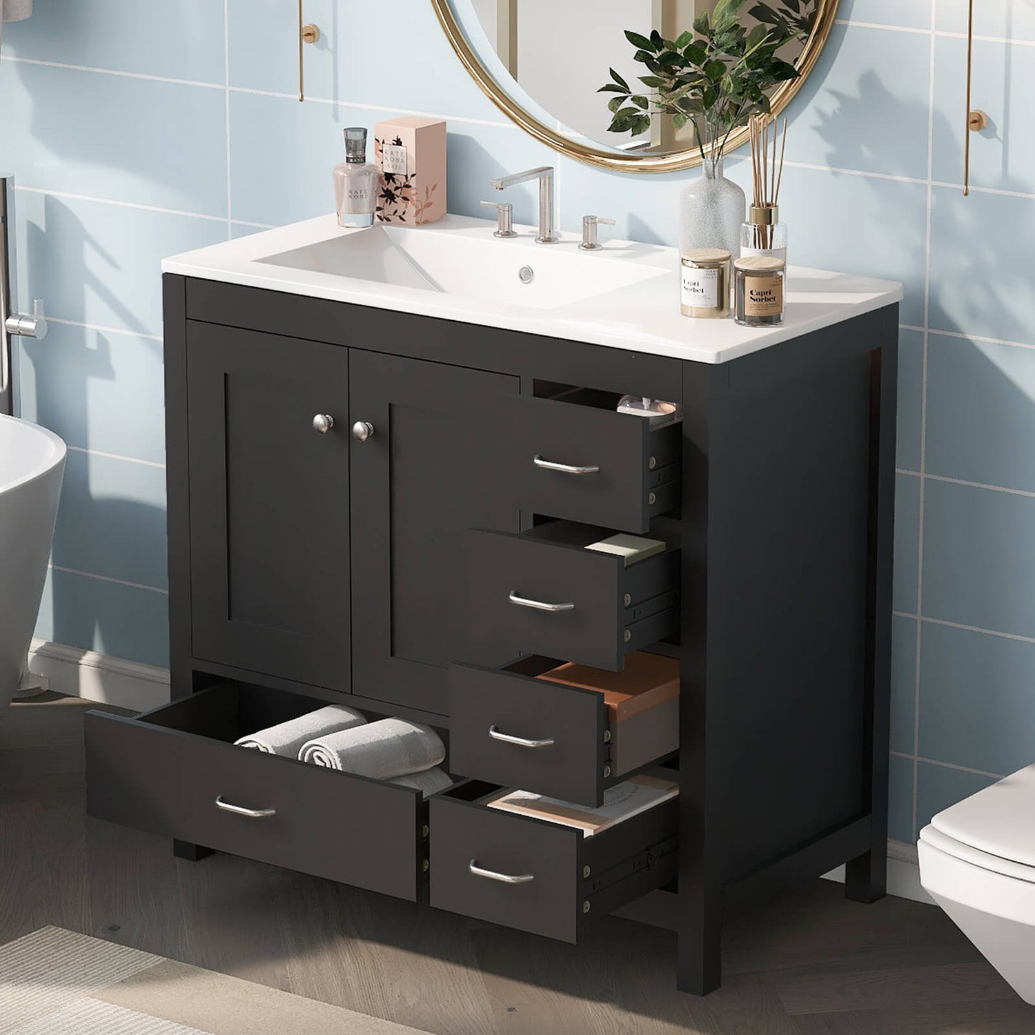 Black bathroom vanity with functional design and right side drawers