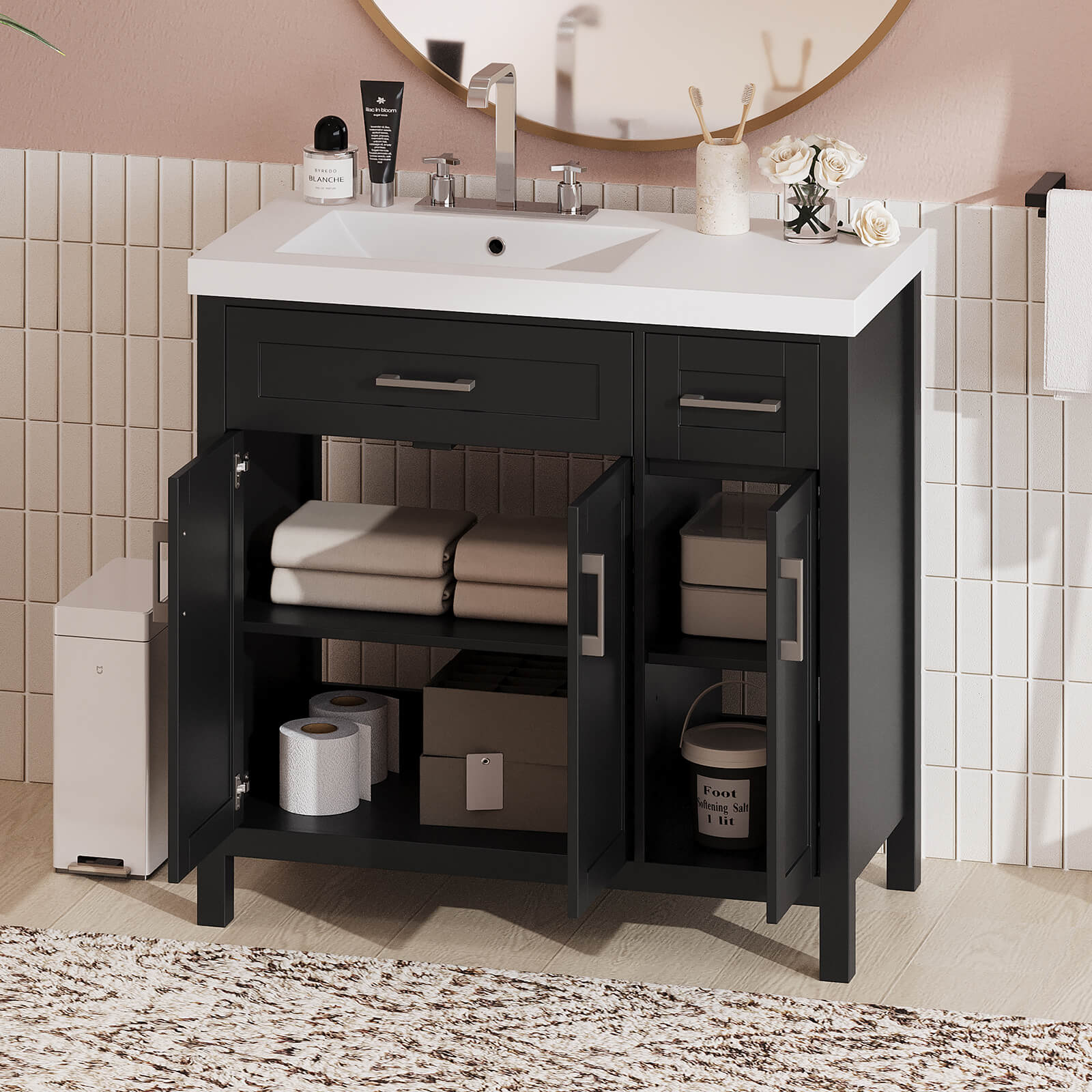 Black bathroom vanity with left offset sink and adjustable shelving