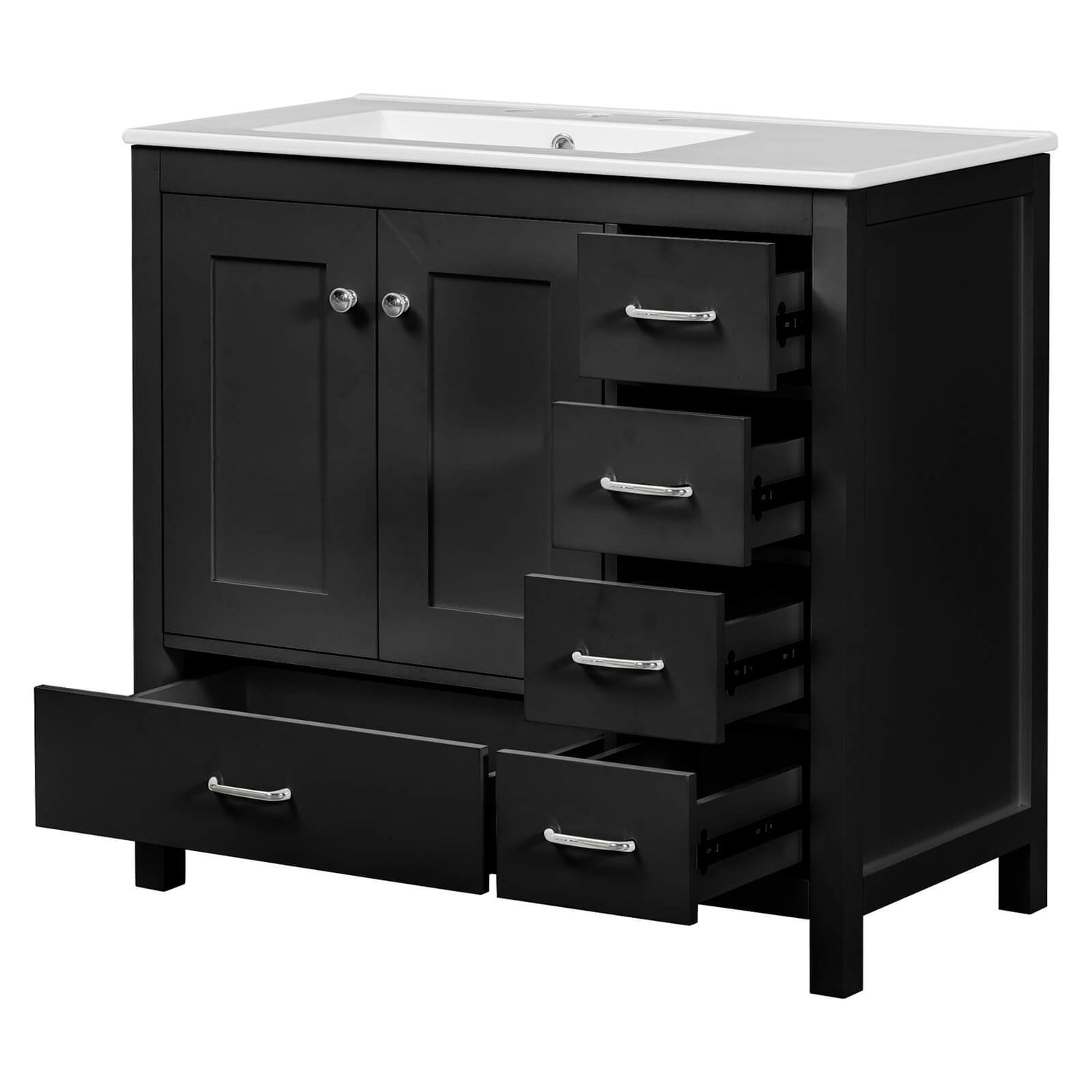 Black bathroom vanity with right side drawers for small bathrooms