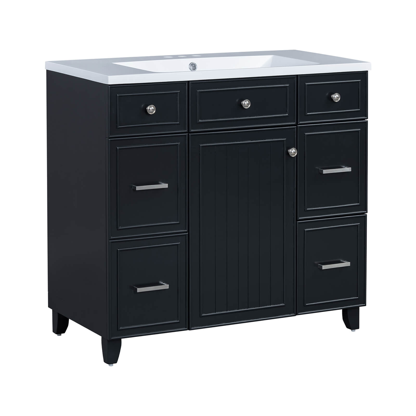 Black bathroom vanity with sleek resin sink and ample storage