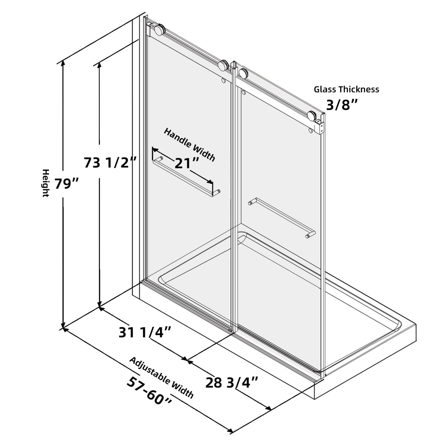 Black or Brushed Nickel Frameless Double Sliding Shower Door 57-60 Width 79