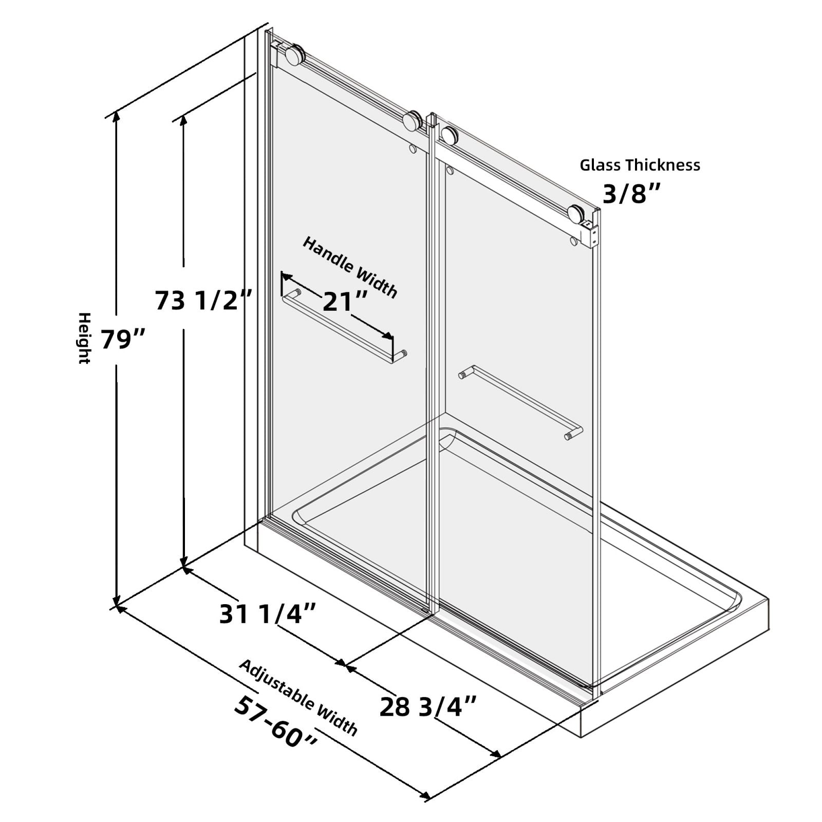 Black or Brushed Nickel Frameless Double Sliding Shower Door 57-60 Width 79