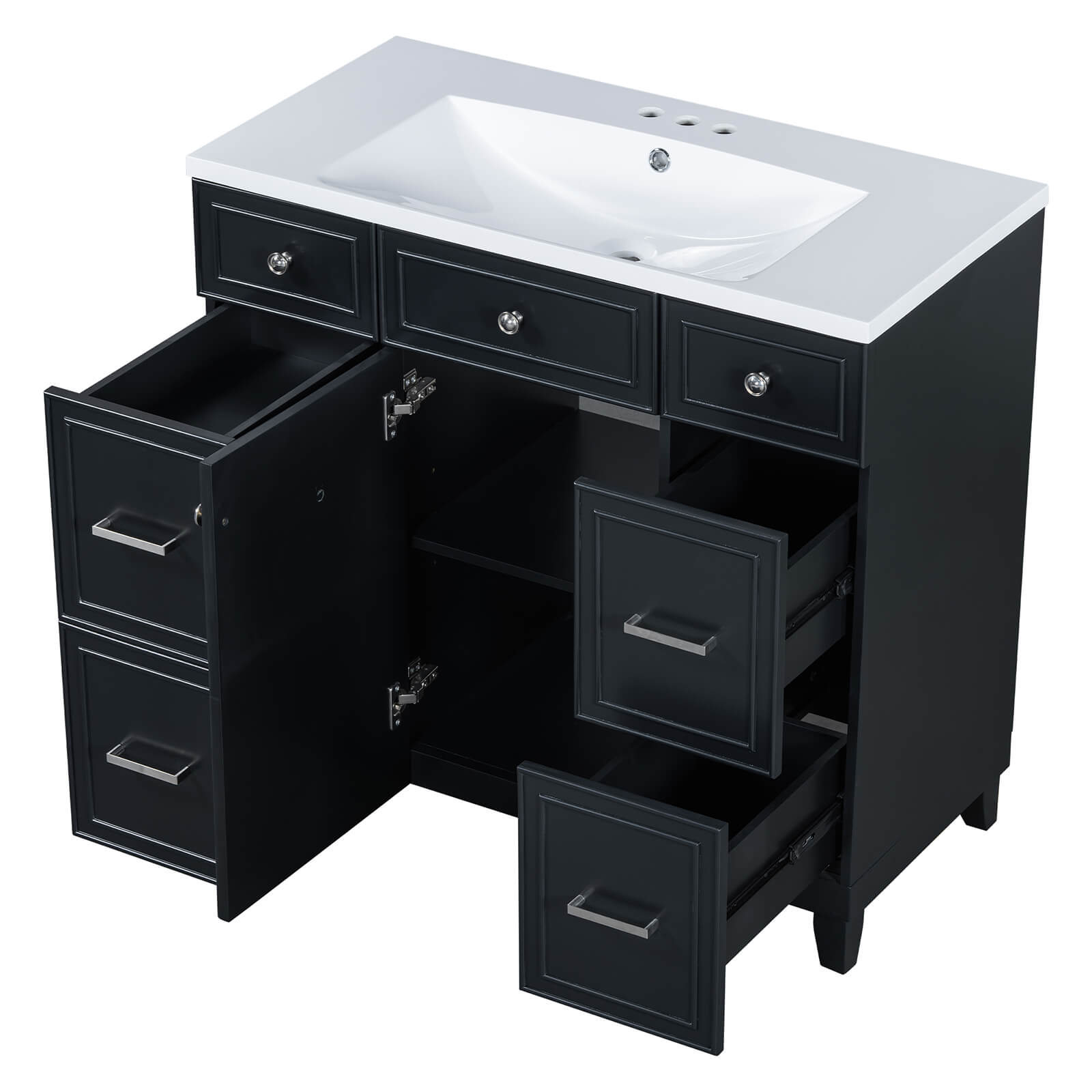 Black vanity with four drawers and adjustable shelf