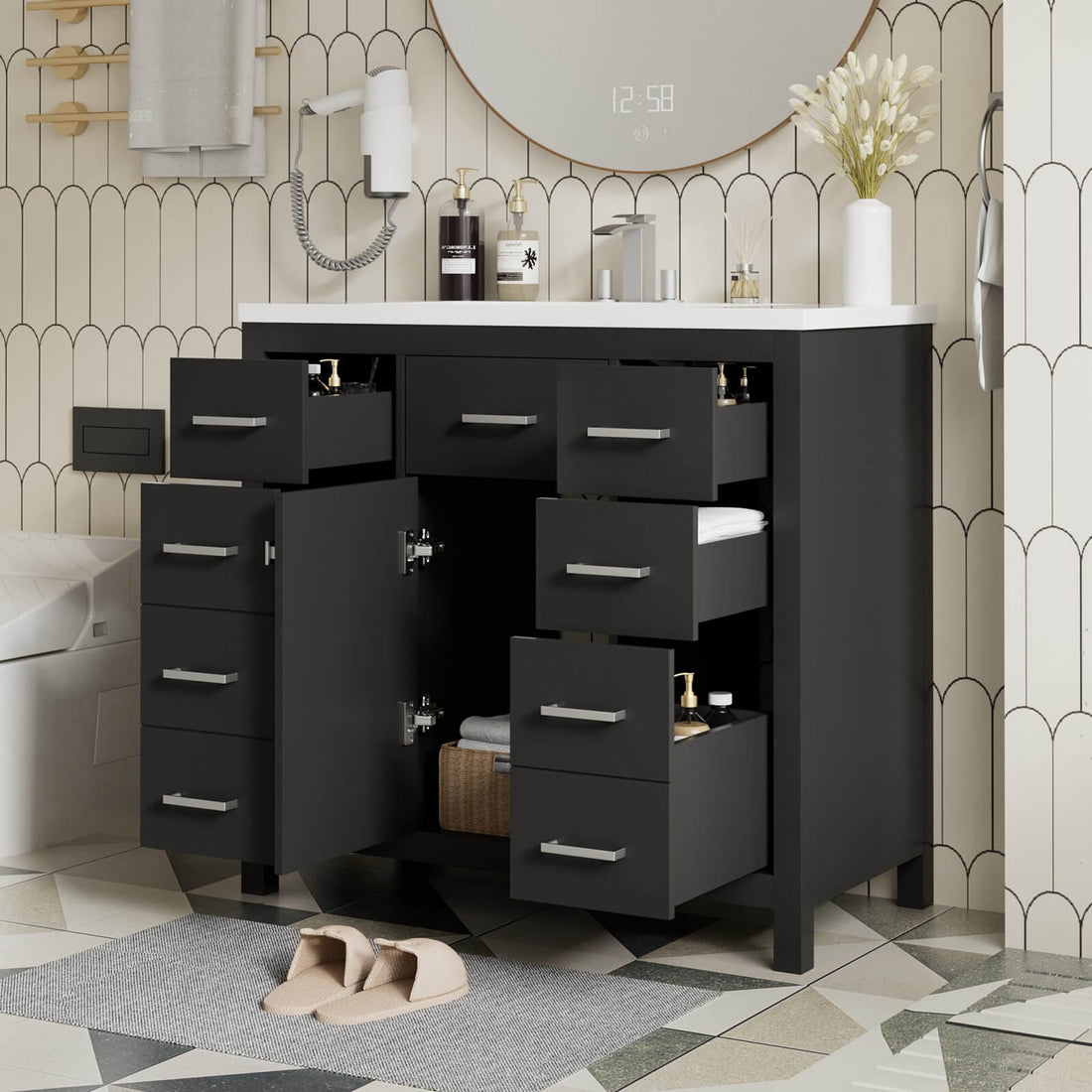 Black vanity with versatile drawer organization for a tidy bathroom