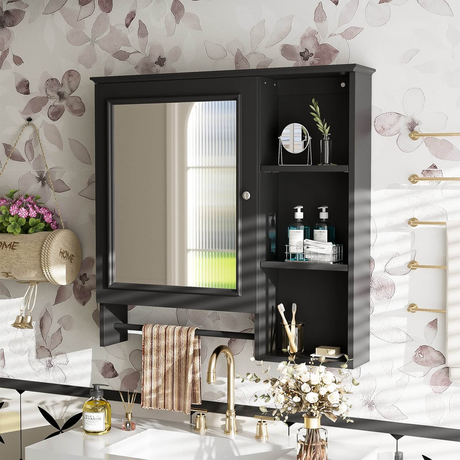 Black wall mounted medicine cabinet with mirror doors