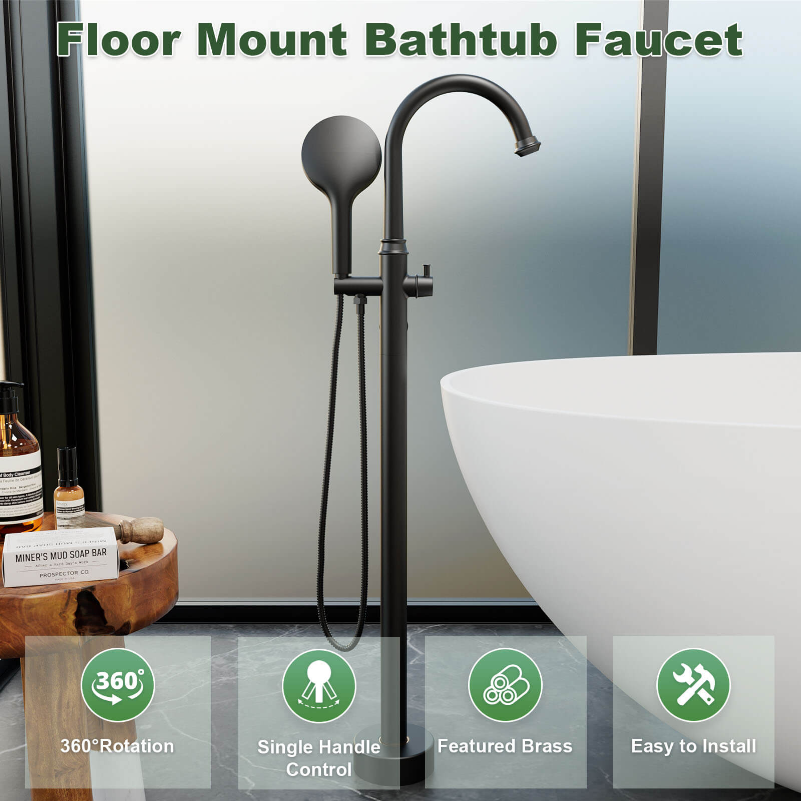 Freestanding Tub Filler High Arc 360° Swivel Bathtub Faucet with 3 Function Handheld