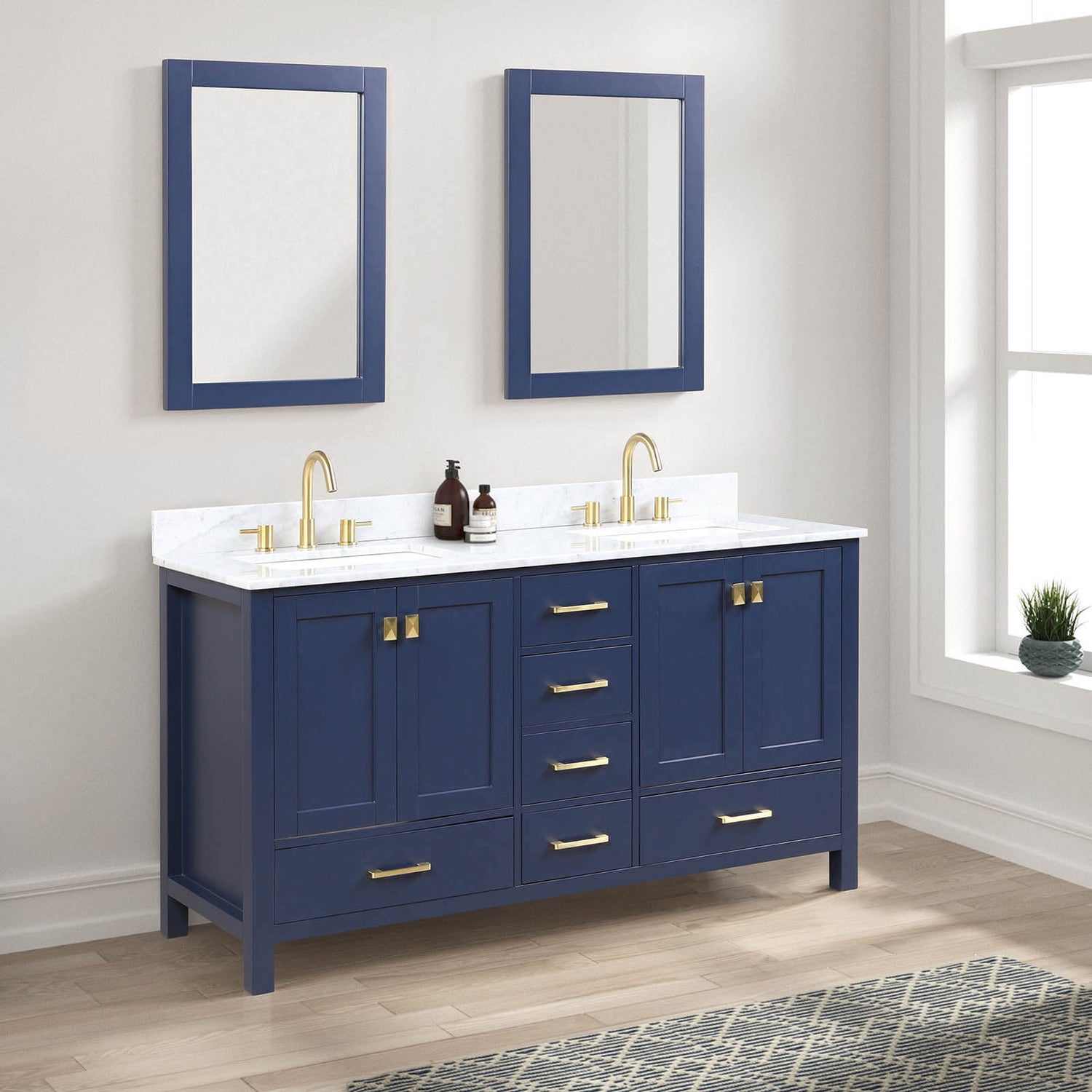 Blossom 60&quot; Freestanding Double Sink Vanity with Drawers and Carrara Marble Countertop