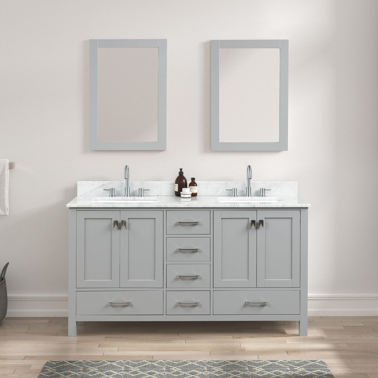 Blossom 60&quot; Gray Freestanding Double Sink Vanity with Drawers and Carrara Marble Counter top with Mirrors