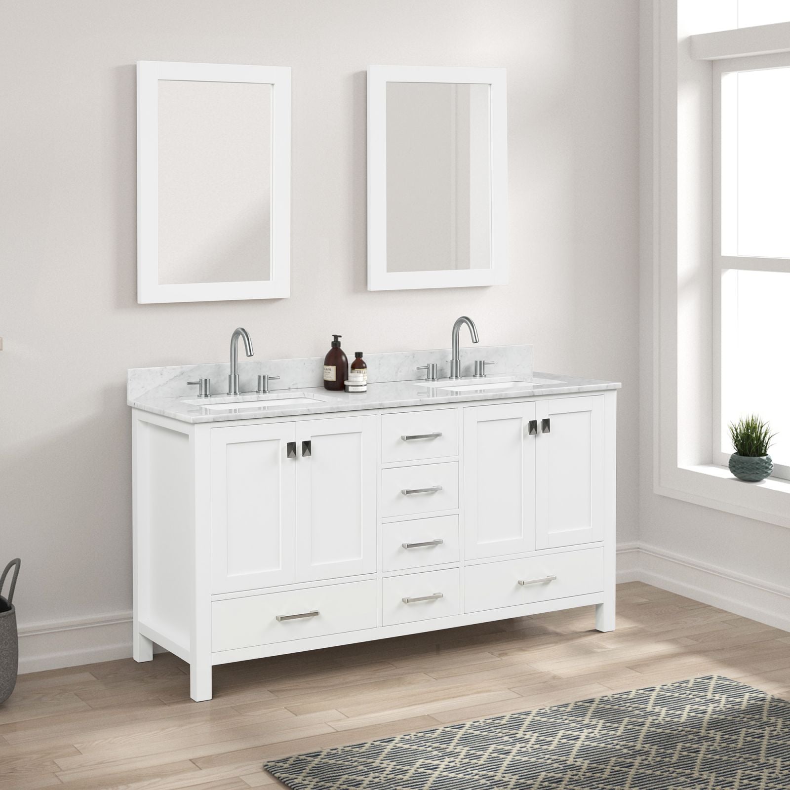 Blossom White Freestanding Double Sink Vanity with Carrara Marble Counter top and Mirrors