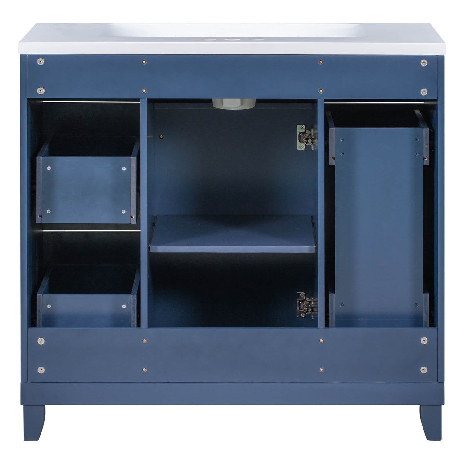 Blue modern bathroom vanity with built in storage for hair appliances