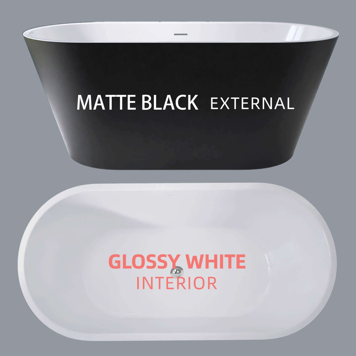 Bright white inner tub of matte black acrylic bath tub with pop-up drain