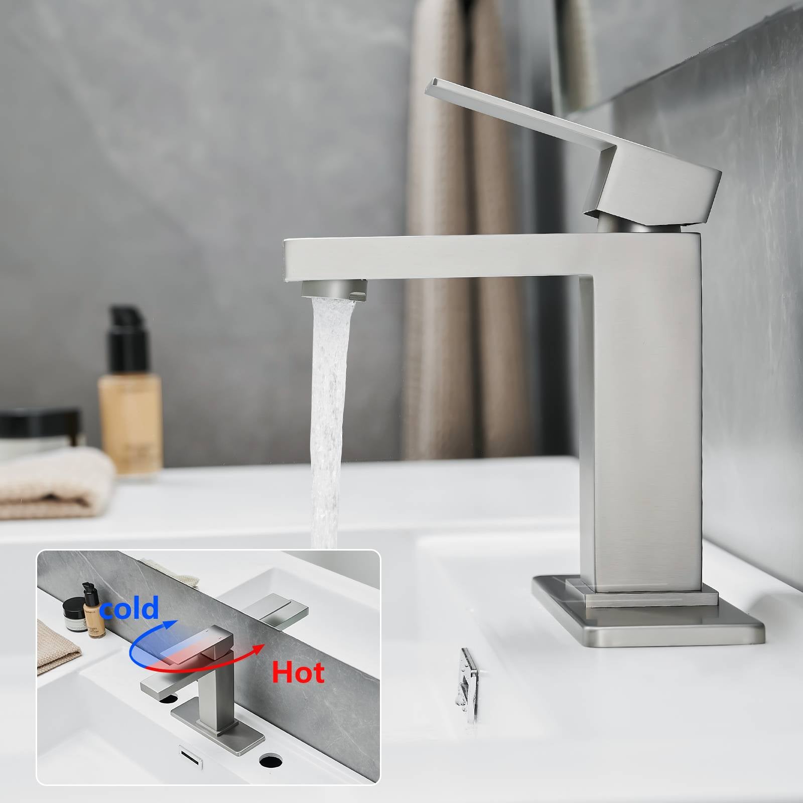 Brushed Nickel Deck Plate Pop Up Drain Single Handle Waterfall Bathroom Faucet