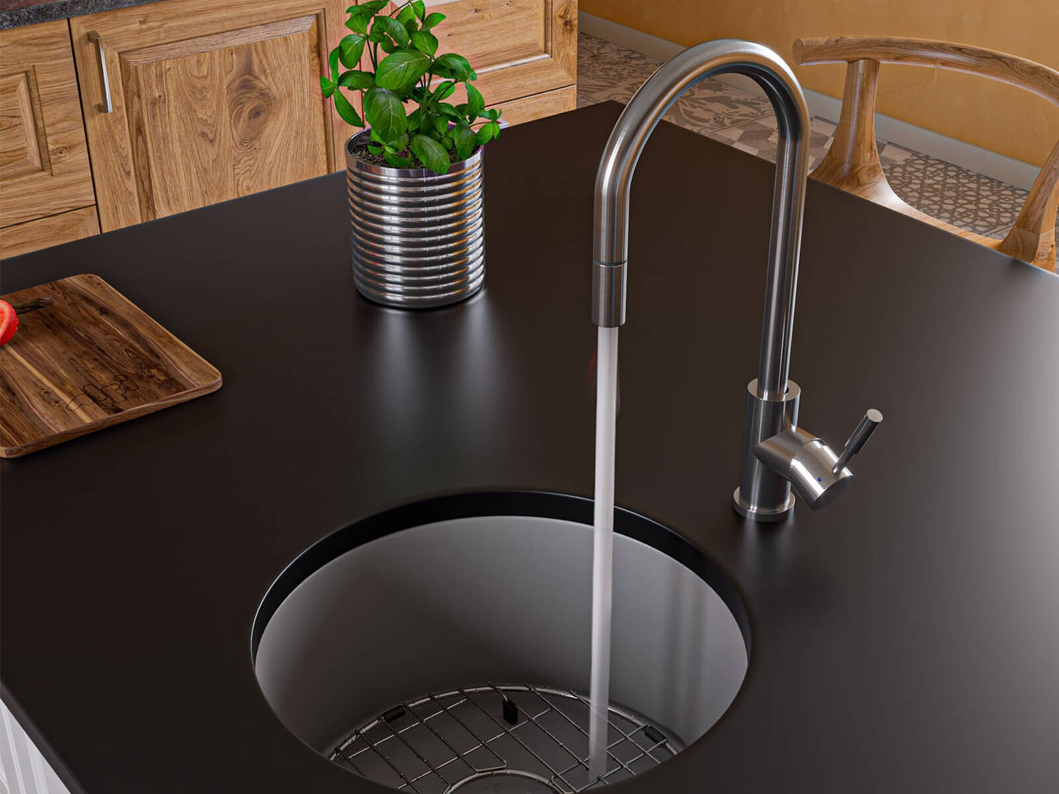 Brushed stainless steel high arc kitchen faucet