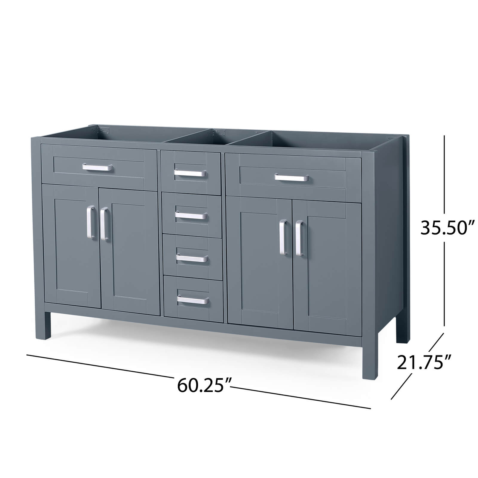 Cabinet dimensions specifications for 61 inch blue grey freestanding bathroom vanity with marble top