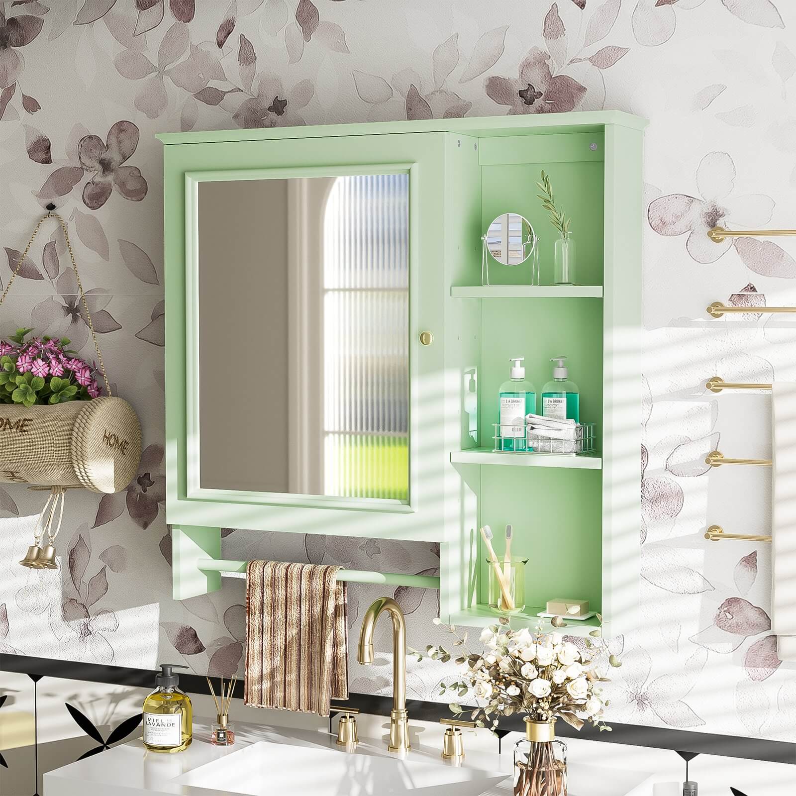 Calming Green Medicine Cabinet with Soft Close Doors and Ample Storage