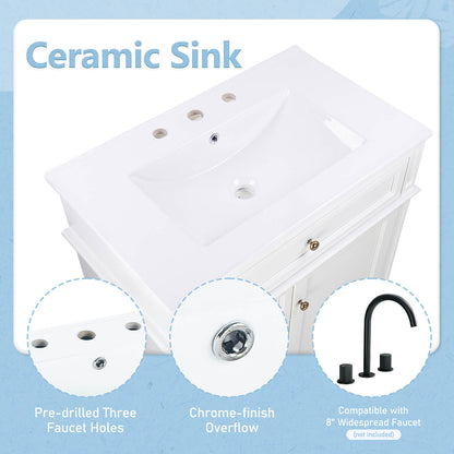 Ceramic countertop with reversible tray 30 inch white freestanding bathroom vanity top view