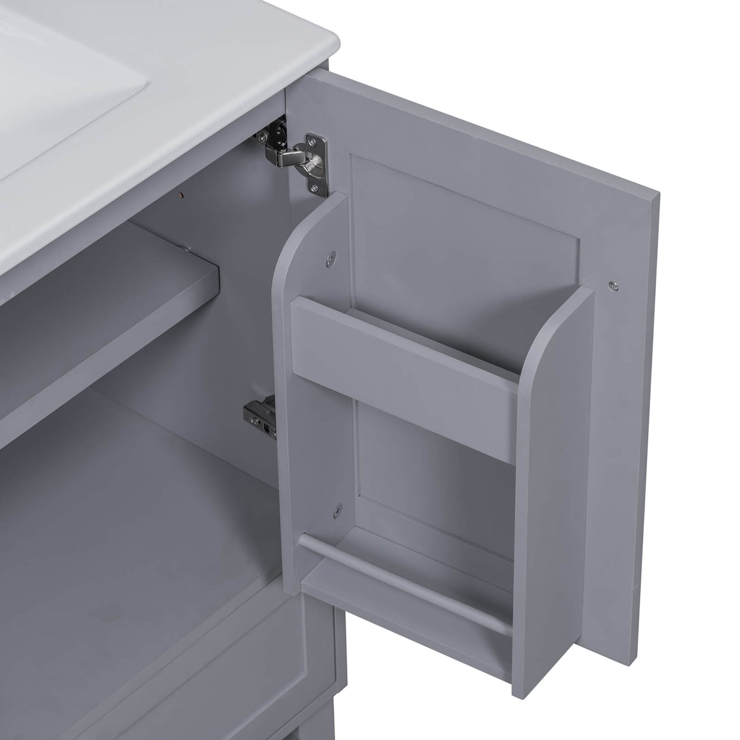 Close-up-of-adjustable-shelves-inside-the-30-inch-gray-bathroom-vanity