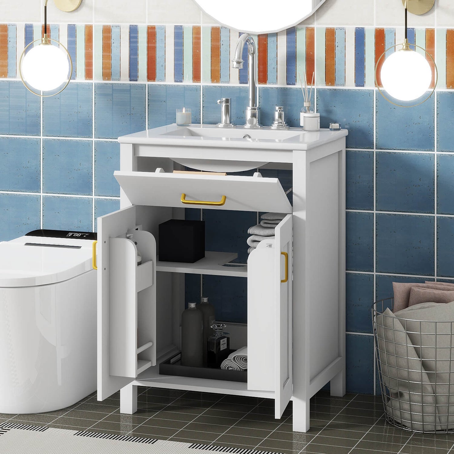 Compact 24 White Vanity with Integrated Sink and U Shaped Shelf for Better Organization