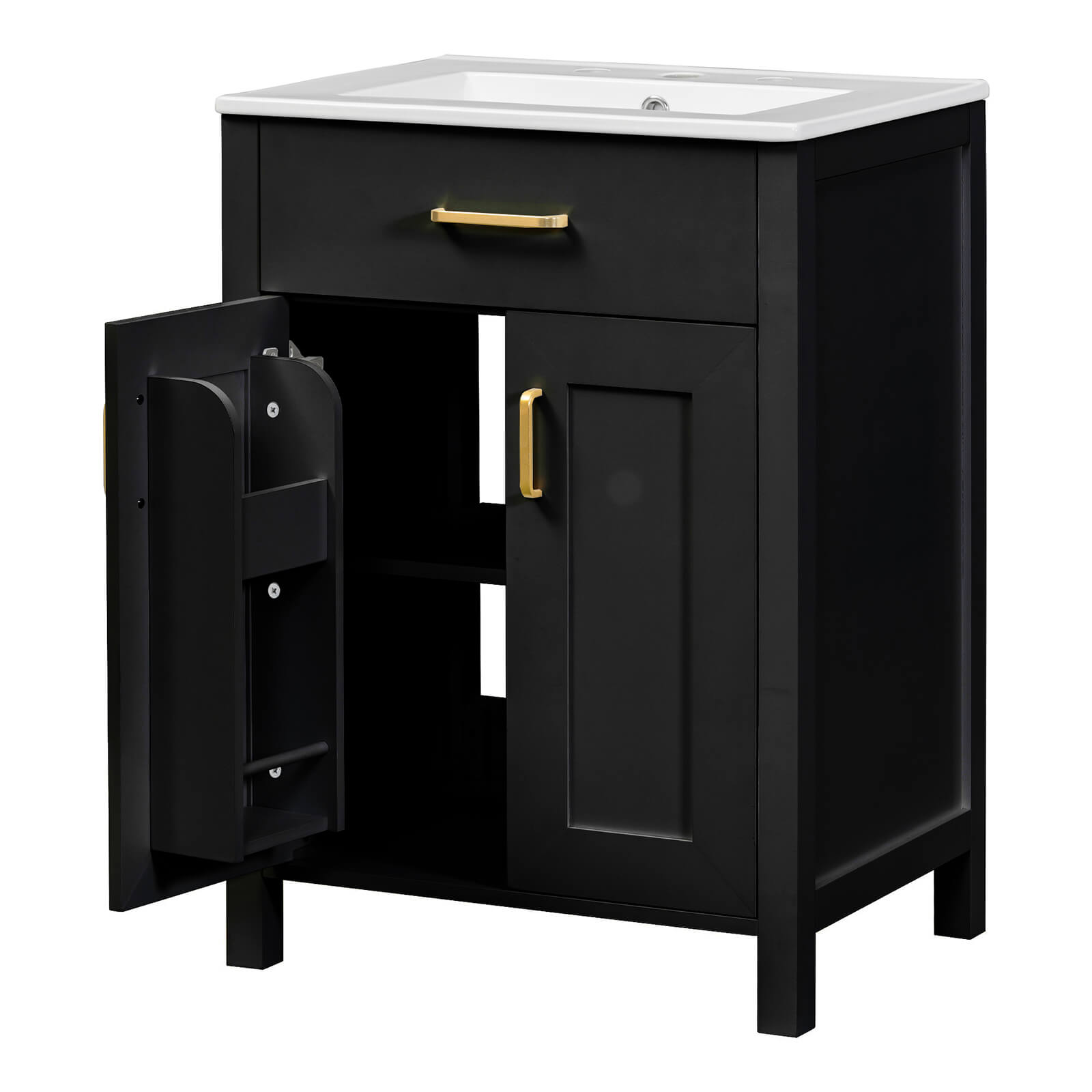 Compact 24 inch Black Vanity with built in door rack and elegant gold handles