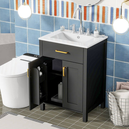 Compact 24 inch Black Vanity with built in storage rack inside the door