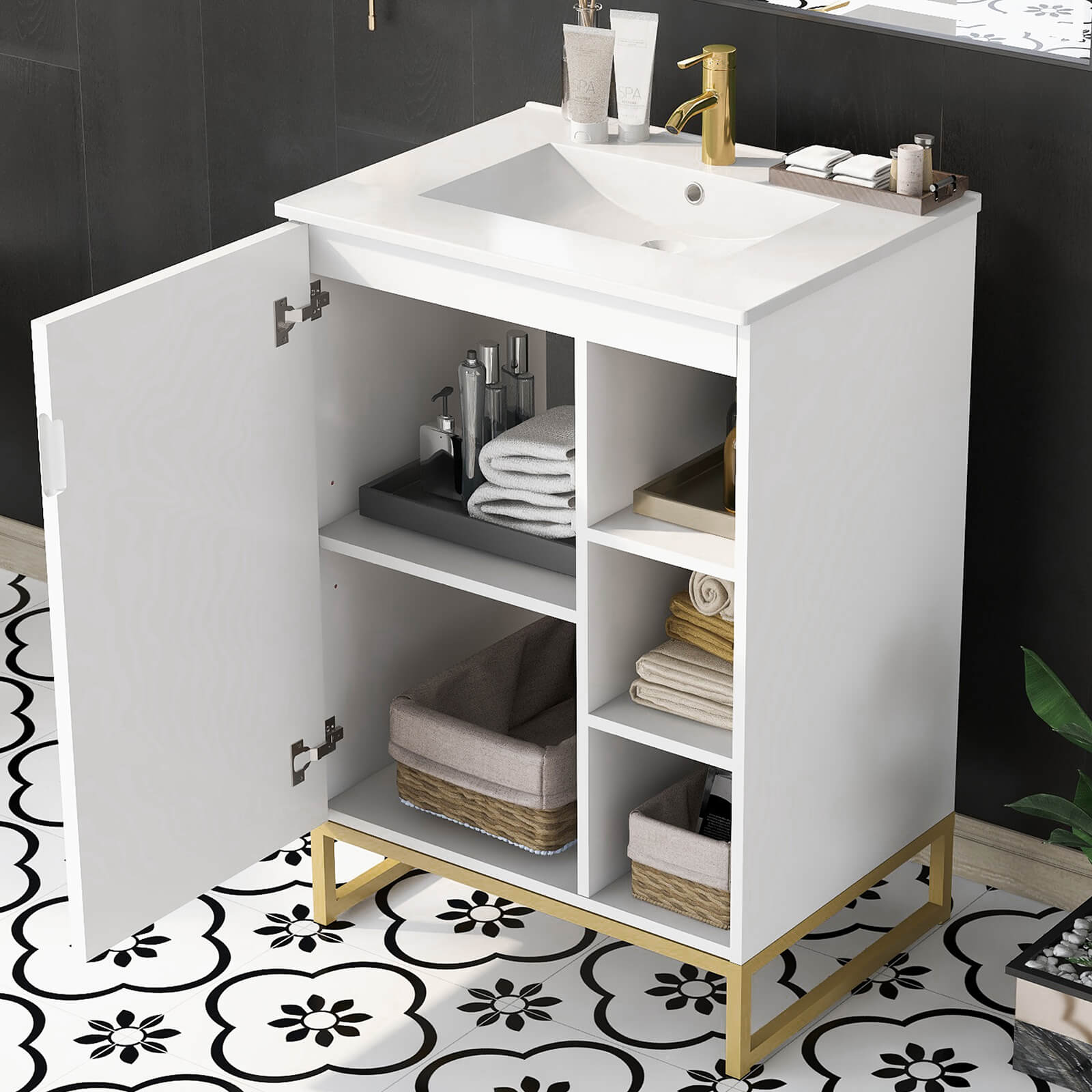 Compact 24 white Shaker bathroom vanity with integrated ceramic sink