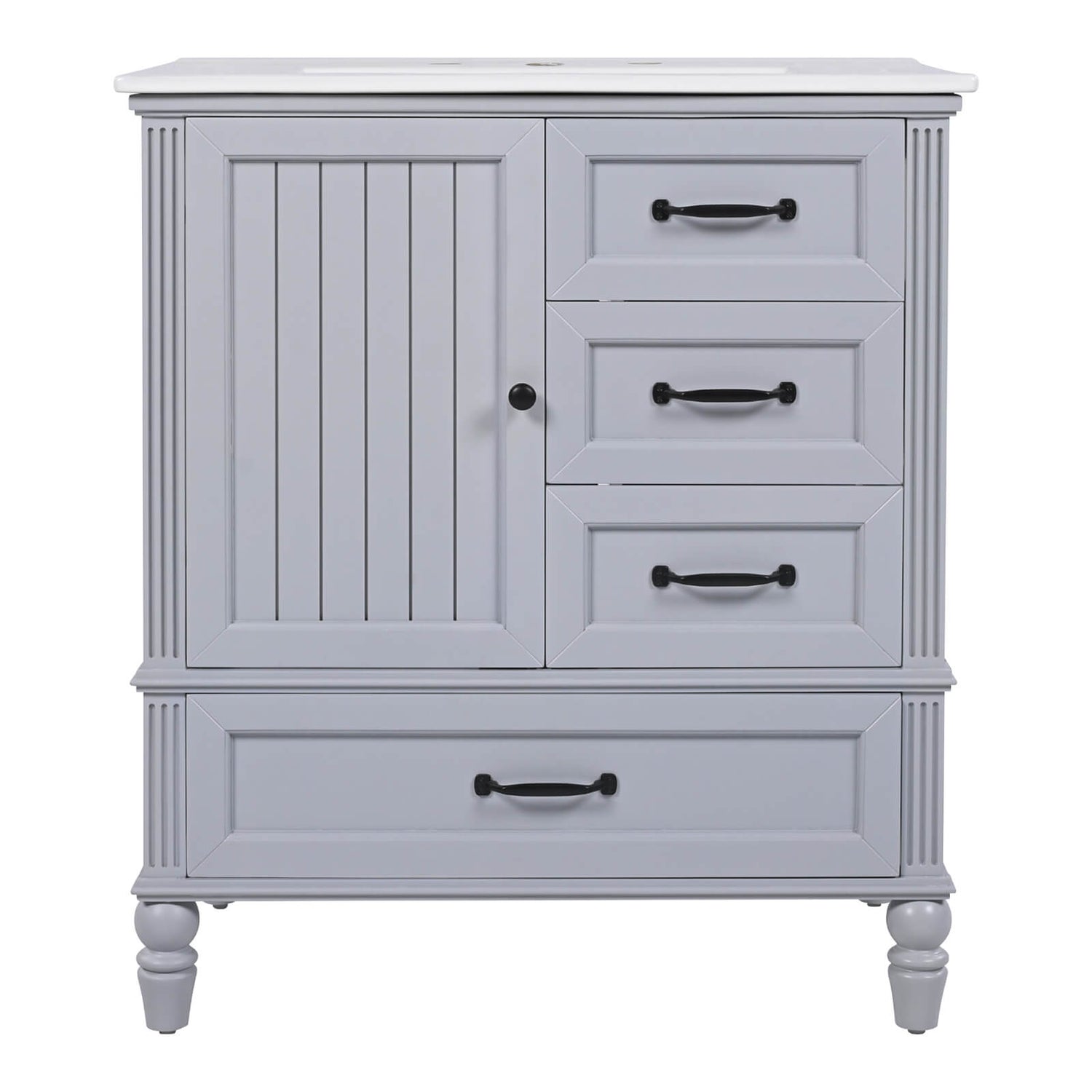 Compact 30 in Light Grayish Blue Acacia Wood Vanity with functional bottom drawers and sleek design